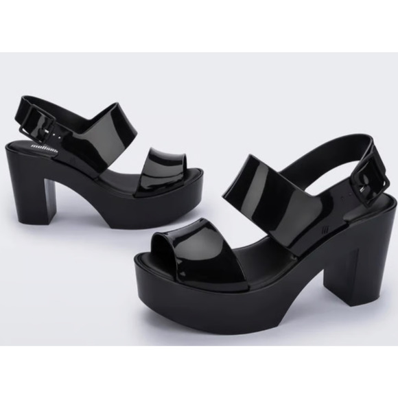 Melissa Black Jelly Block Heel Sandals Womens 9 Strappy PVC Platform Shoe - Picture 3 of 13
